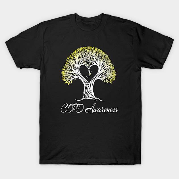 COPD Awareness Tree With Yellow Heart Ribbon T-Shirt by MerchAndrey